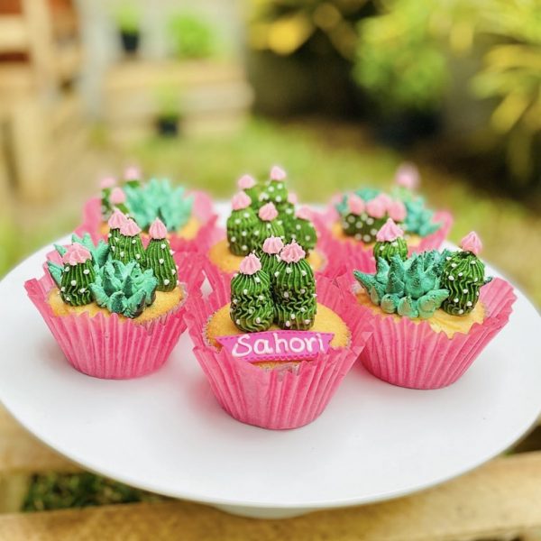 Set de 6 cupcakes de vainilla y chocolate decorados con buttercream verde en forma de cactus y pequeñas flores, empaquetados en una caja blanca con ventana.